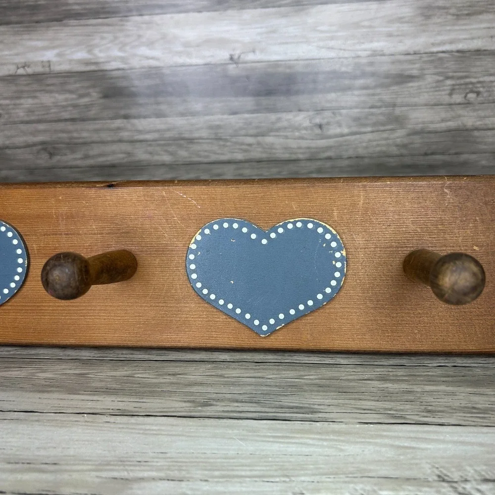 Vintage Wood Blue Heart Peg‎ Wall Hanging Country Cottage Decor Rack
